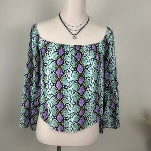 Peach Love California Multicolored Snake Print Off the Shoulder Top Large NWOT